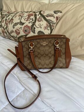 Coach Tan/Brown Signature Satchel with Leather Trim and Crossbody Strap